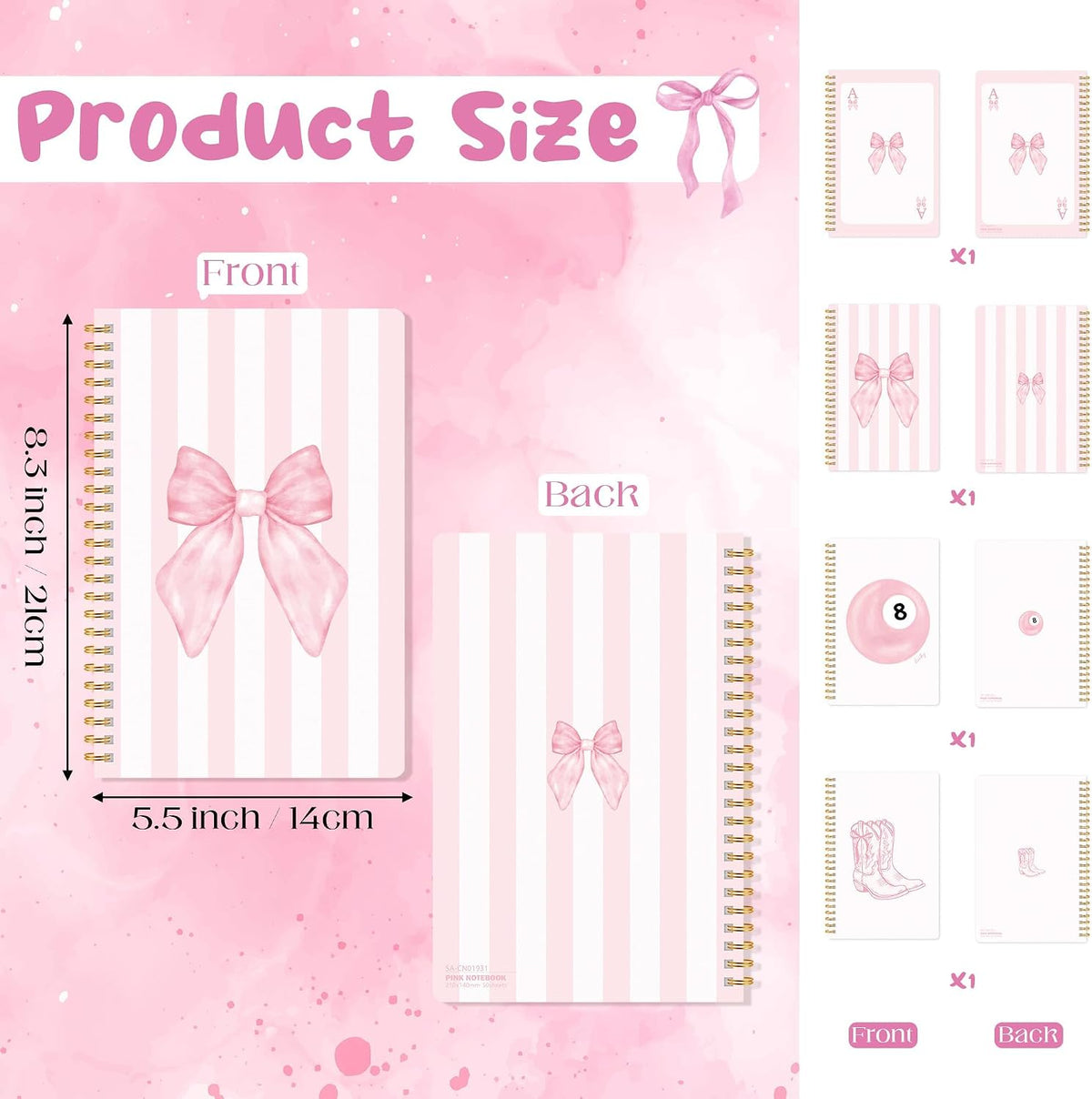 Pink Spiral Journal Notebook, 4 Pcs A5 Watercolor Coquette Notebook