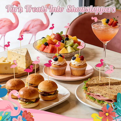 100PCS Pink Flamingo Cocktail Picks, Decorative Toothpicks for Appetizers