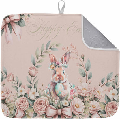 Kitchen Drying Mat Set of 1, Easter Rabbit Rose Flower Absorbent Microfiber Dish Drying Rack Drying Mat, Spring Pastoral Floral Light Pink Dish Drying Pad for Countertop