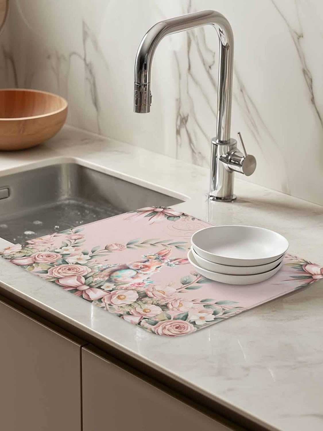 Kitchen Drying Mat Set of 1, Easter Rabbit Rose Flower Absorbent Microfiber Dish Drying Rack Drying Mat, Spring Pastoral Floral Light Pink Dish Drying Pad for Countertop