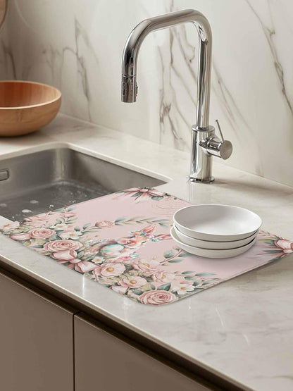 Kitchen Drying Mat Set of 1, Easter Rabbit Rose Flower Absorbent Microfiber Dish Drying Rack Drying Mat, Spring Pastoral Floral Light Pink Dish Drying Pad for Countertop