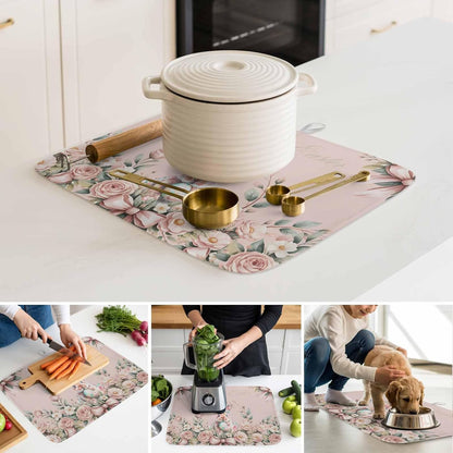 Kitchen Drying Mat Set of 1, Easter Rabbit Rose Flower Absorbent Microfiber Dish Drying Rack Drying Mat, Spring Pastoral Floral Light Pink Dish Drying Pad for Countertop