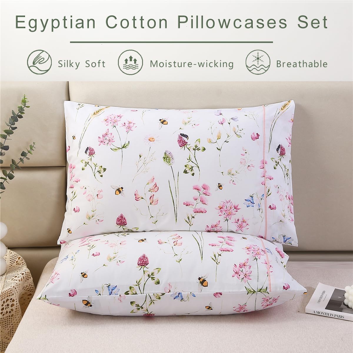100% Cotton Botanical Floral Pillowcases Set of 2 Standard Size