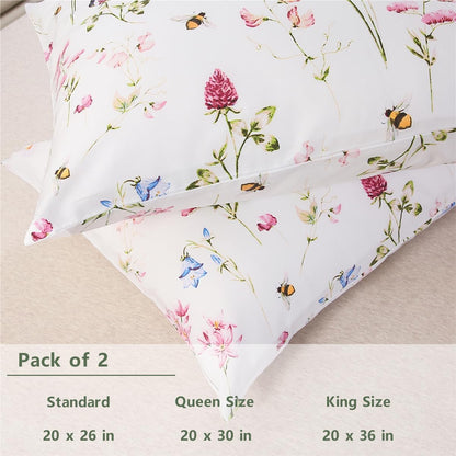 100% Cotton Botanical Floral Pillowcases Set of 2 Standard Size