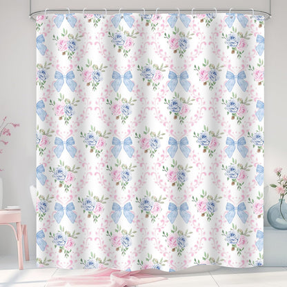 Coquette Blue Bow Shower Curtain,Preppy Style,Pink and Blue72x72Inch