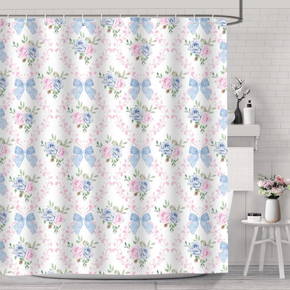 Coquette Blue Bow Shower Curtain,Preppy Style,Pink and Blue72x72Inch