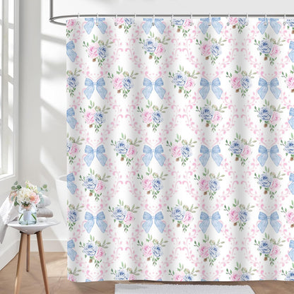 Coquette Blue Bow Shower Curtain,Preppy Style,Pink and Blue72x72Inch