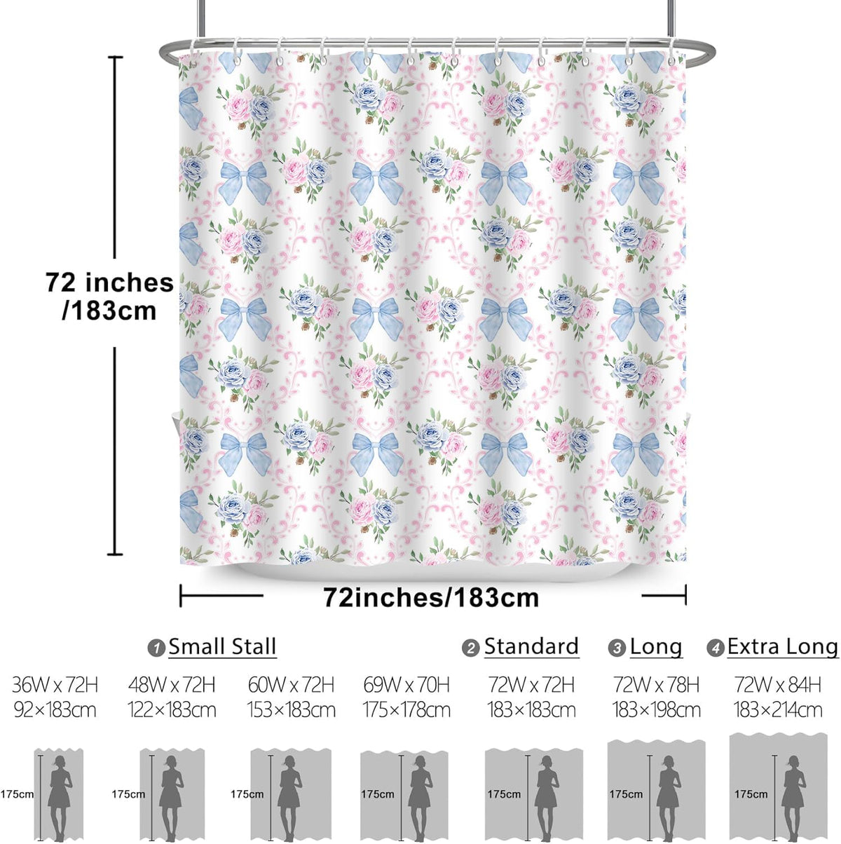 Coquette Blue Bow Shower Curtain,Preppy Style,Pink and Blue72x72Inch
