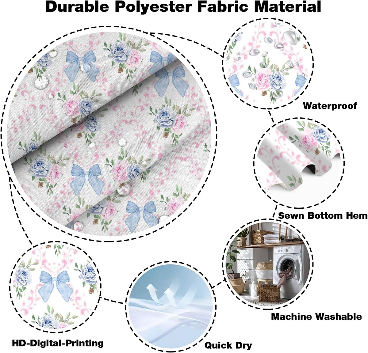 Coquette Blue Bow Shower Curtain,Preppy Style,Pink and Blue72x72Inch