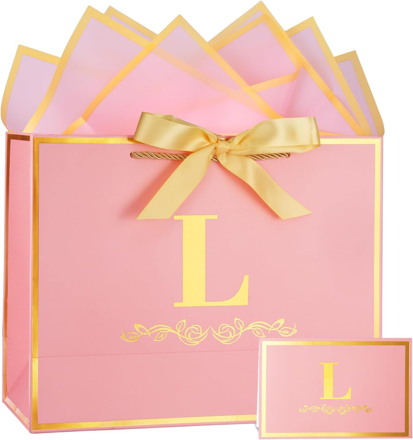 Initial Birthday Gift Bag with Card and Tissue Paper for Women/ Her, 13" Large Pink Gold Personalized Alphabet Bow Bag, Birthday Decorations for Women, Bridal Party Paper Bags for Gifts Wrapping