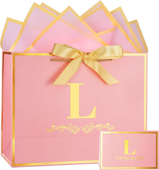 Initial Birthday Gift Bag with Card and Tissue Paper for Women/ Her, 13" Large Pink Gold Personalized Alphabet Bow Bag, Birthday Decorations for Women, Bridal Party Paper Bags for Gifts Wrapping