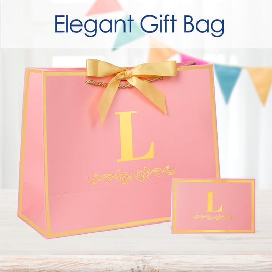 Initial Birthday Gift Bag with Card and Tissue Paper for Women/ Her, 13" Large Pink Gold Personalized Alphabet Bow Bag, Birthday Decorations for Women, Bridal Party Paper Bags for Gifts Wrapping