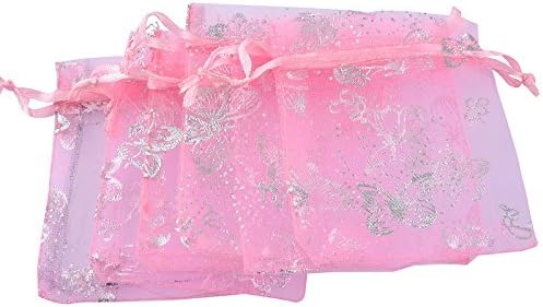 Wholesale 100PCS Organza Bag Butterfly Design Wedding Pouches Jewelry Packaging Bags (Pink, 5x7 (13x18cm))