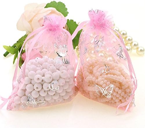 Wholesale 100PCS Organza Bag Butterfly Design Wedding Pouches Jewelry Packaging Bags (Pink, 5x7 (13x18cm))