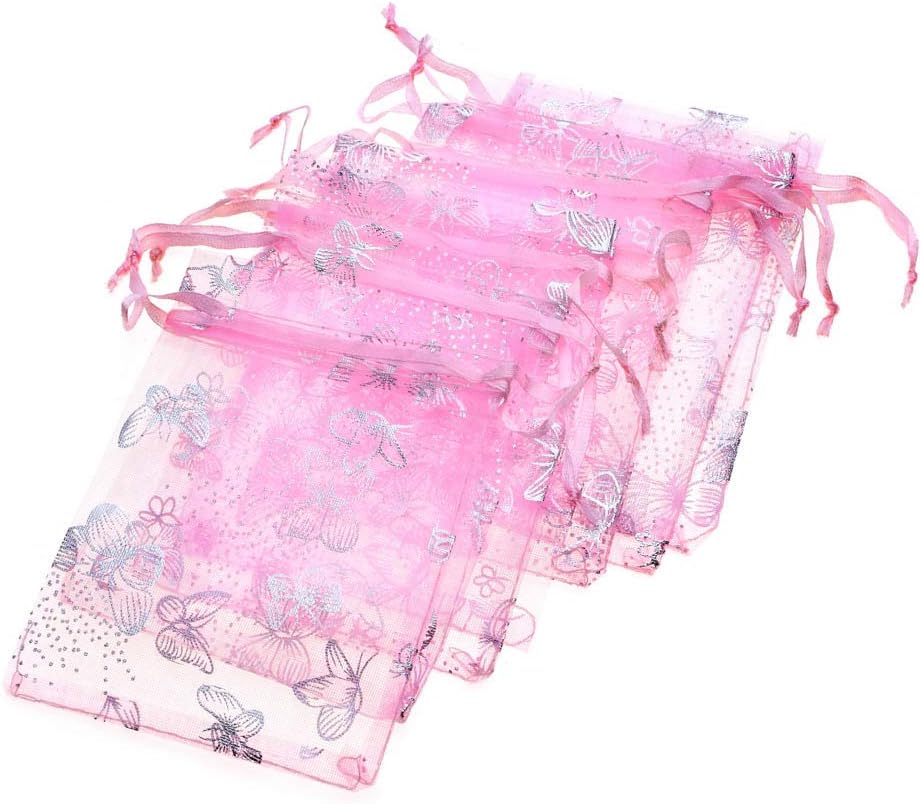 Wholesale 100PCS Organza Bag Butterfly Design Wedding Pouches Jewelry Packaging Bags (Pink, 5x7 (13x18cm))