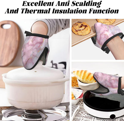Light Pink Marble with Gold Mini Silicone Oven Mitts Heat and Slip Resistant Kitchen Mittens,Short Oven Gloves for Safe Cooking Baking & Grill,5.9"X5.9"
