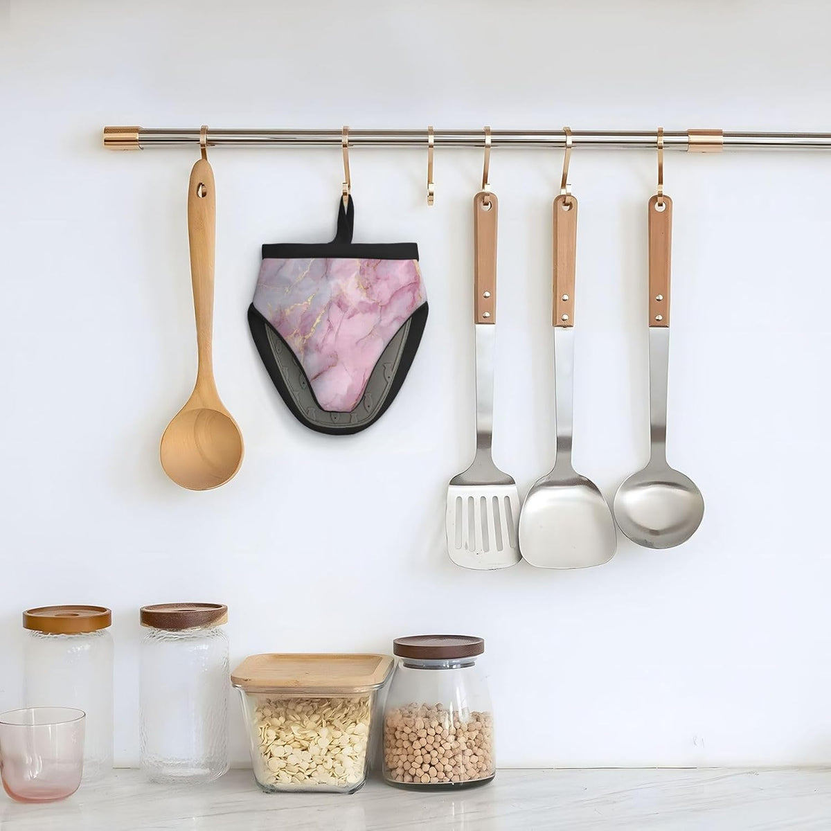 Light Pink Marble with Gold Mini Silicone Oven Mitts Heat and Slip Resistant Kitchen Mittens,Short Oven Gloves for Safe Cooking Baking & Grill,5.9"X5.9"