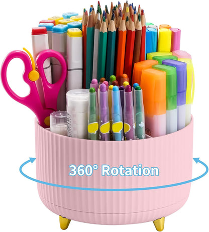Desk Organizer, 360-Degree Rotating Pen Holder, Desk Organizers and Accessories with 5 Compartments Pencil Organizer, Art Supply Storage Box Caddy for Office, Home(Pink)