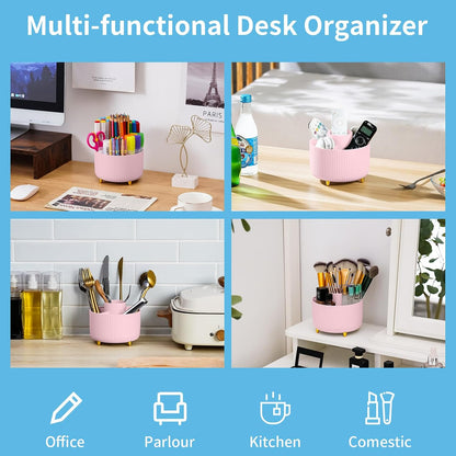 Desk Organizer, 360-Degree Rotating Pen Holder, Desk Organizers and Accessories with 5 Compartments Pencil Organizer, Art Supply Storage Box Caddy for Office, Home(Pink)