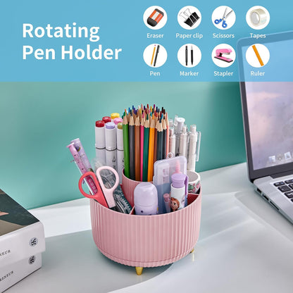 Desk Organizer, 360-Degree Rotating Pen Holder, Desk Organizers and Accessories with 5 Compartments Pencil Organizer, Art Supply Storage Box Caddy for Office, Home(Pink)