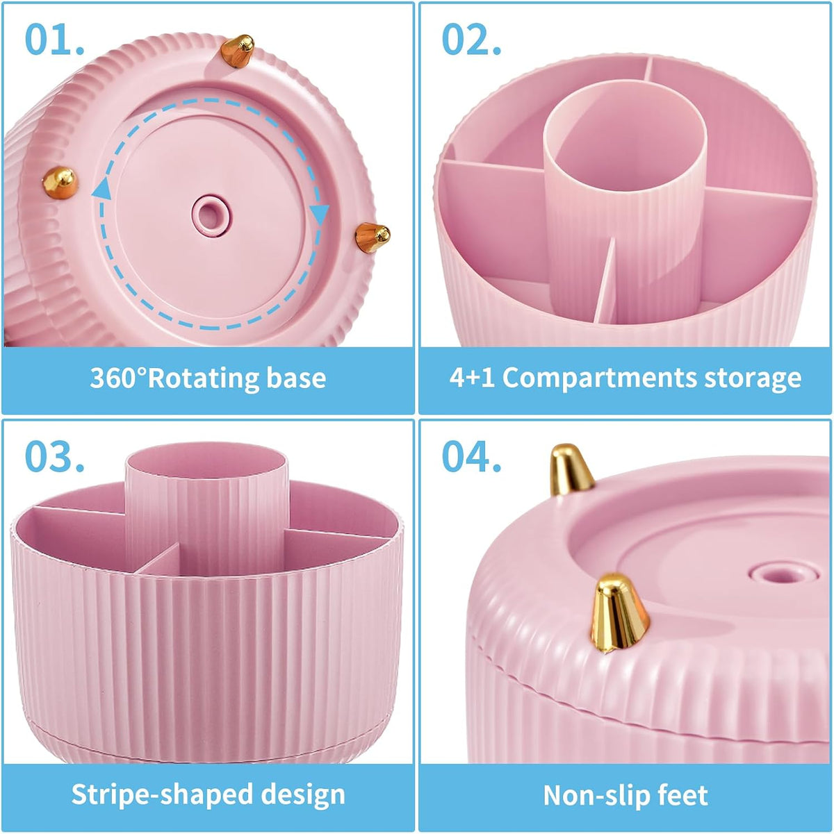 Desk Organizer, 360-Degree Rotating Pen Holder, Desk Organizers and Accessories with 5 Compartments Pencil Organizer, Art Supply Storage Box Caddy for Office, Home(Pink)