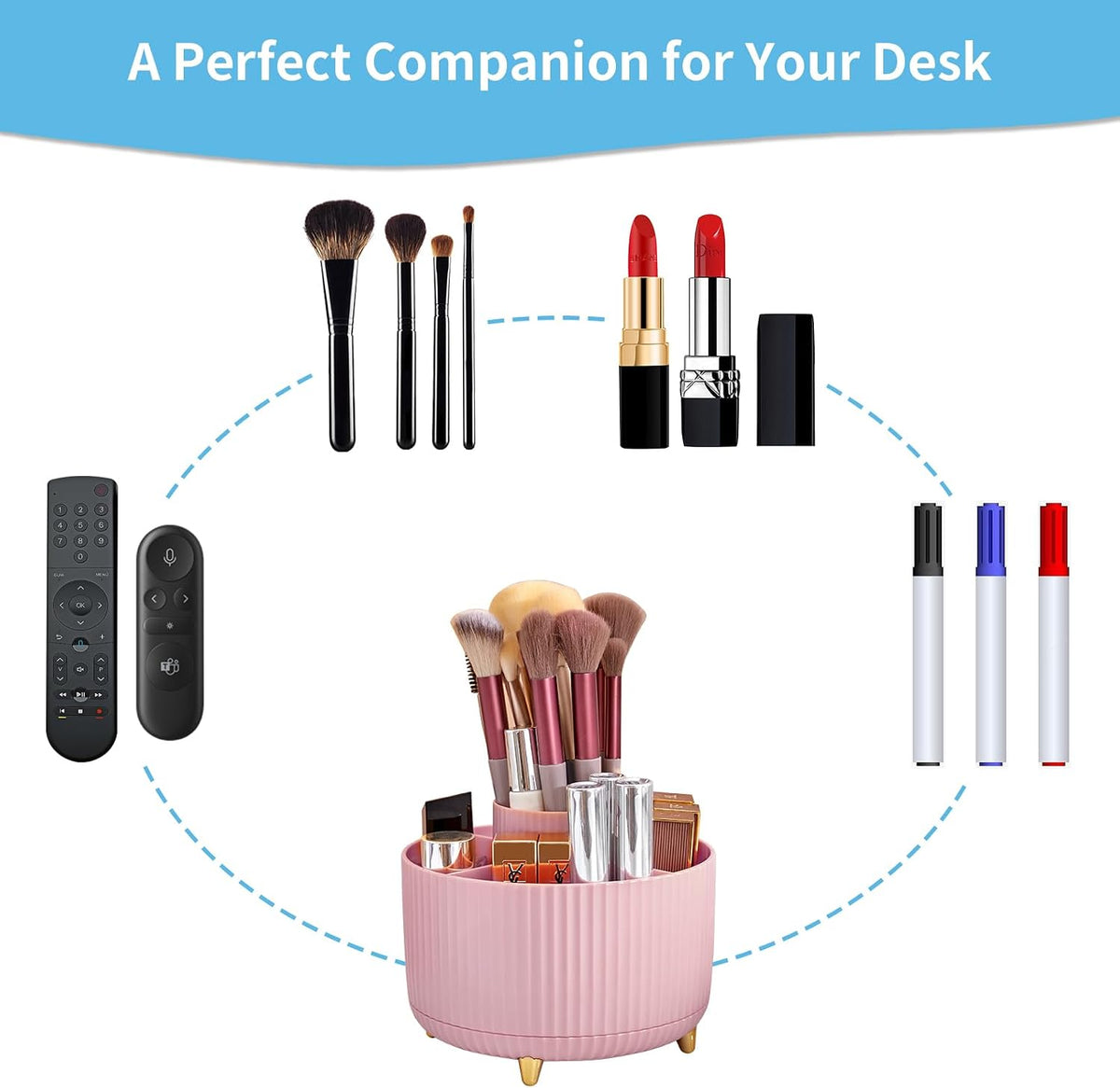 Desk Organizer, 360-Degree Rotating Pen Holder, Desk Organizers and Accessories with 5 Compartments Pencil Organizer, Art Supply Storage Box Caddy for Office, Home(Pink)