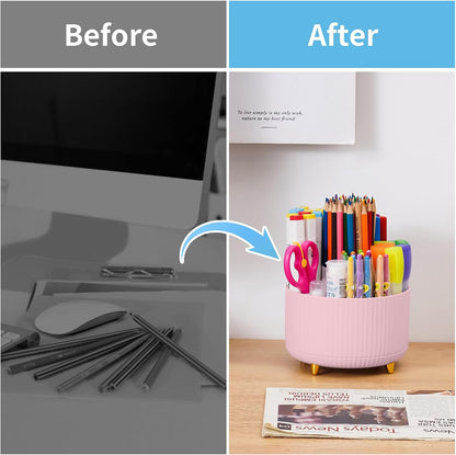 Desk Organizer, 360-Degree Rotating Pen Holder, Desk Organizers and Accessories with 5 Compartments Pencil Organizer, Art Supply Storage Box Caddy for Office, Home(Pink)