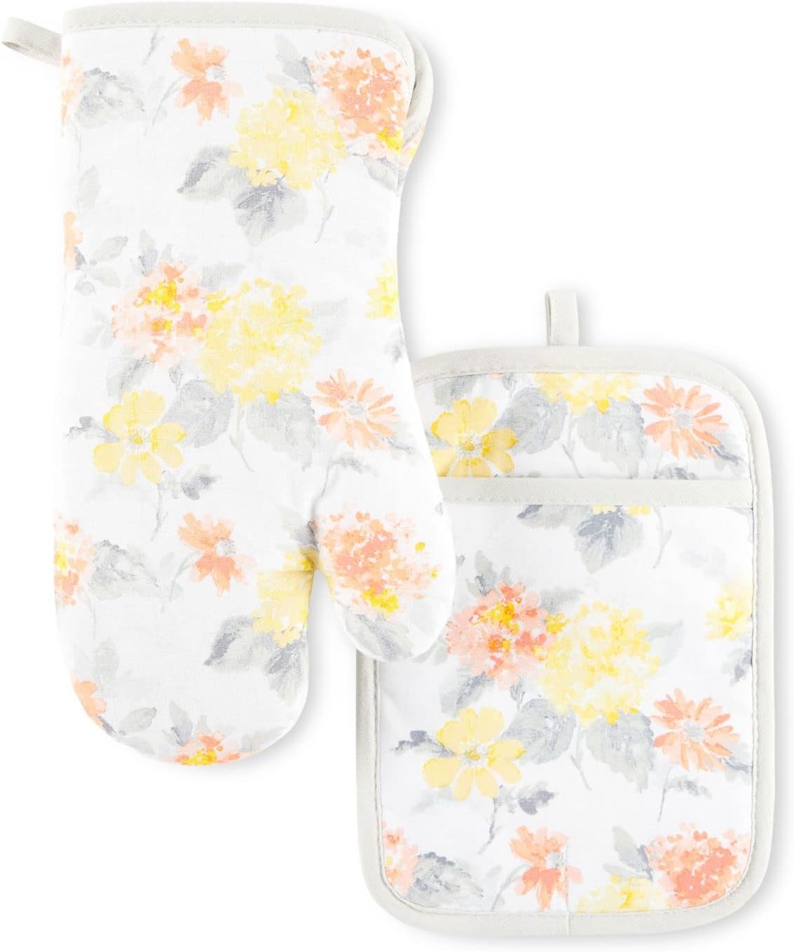 Amber Floral Oven Mitt & Pot Holder Set 2-Pack, Yellow/Coral, OM: 7"x13" & PH: 7"x10"