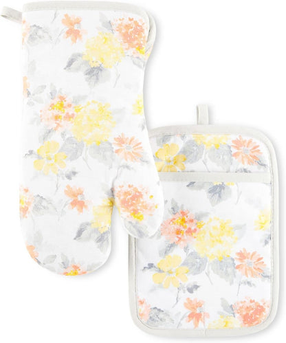 Amber Floral Oven Mitt & Pot Holder Set 2-Pack, Yellow/Coral, OM: 7"x13" & PH: 7"x10"