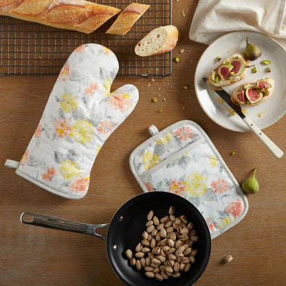 Amber Floral Oven Mitt & Pot Holder Set 2-Pack, Yellow/Coral, OM: 7"x13" & PH: 7"x10"