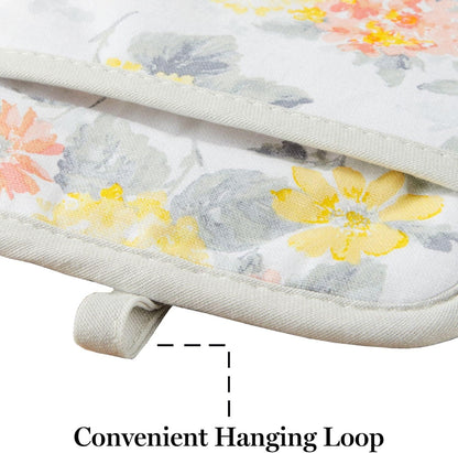 Amber Floral Oven Mitt & Pot Holder Set 2-Pack, Yellow/Coral, OM: 7"x13" & PH: 7"x10"