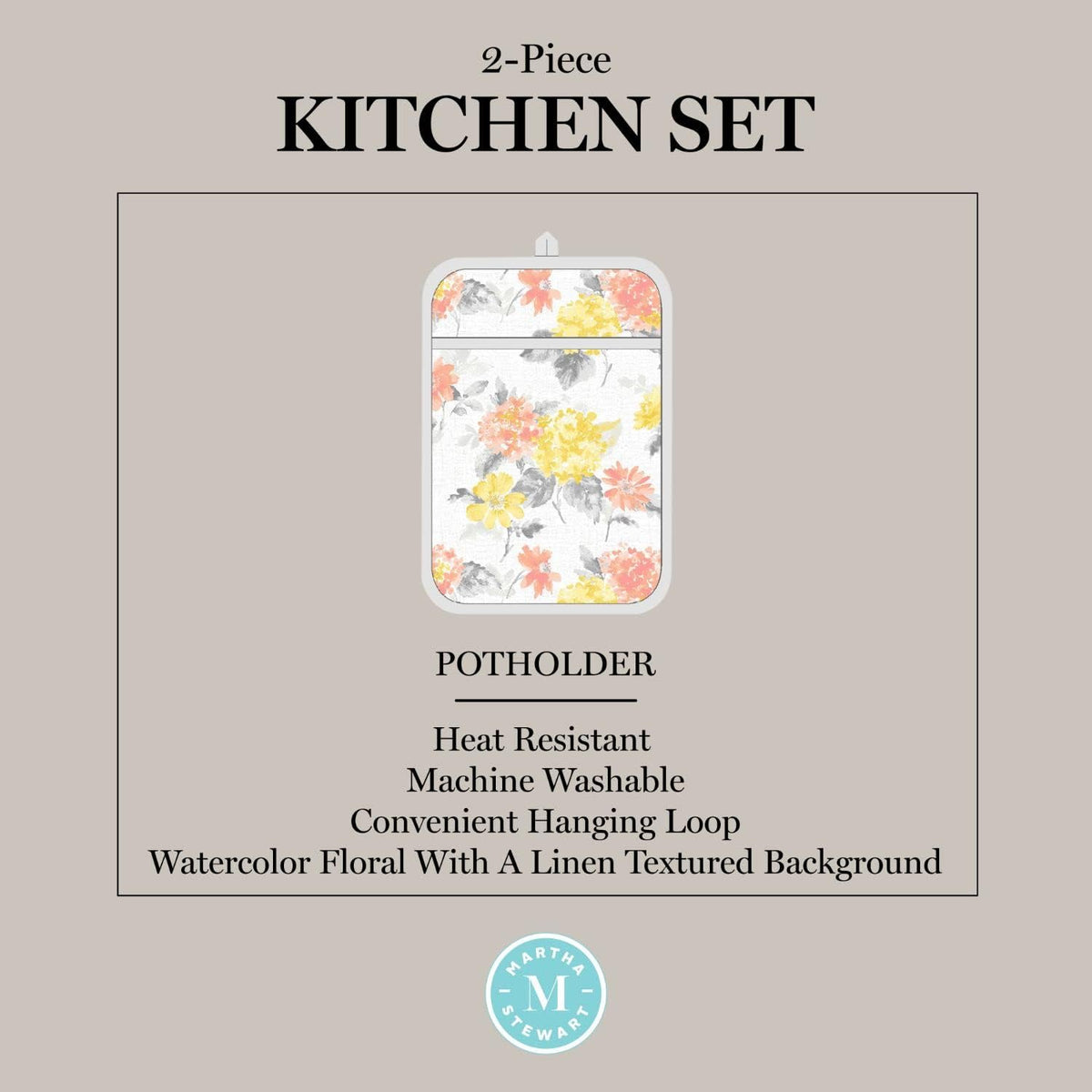 Amber Floral Oven Mitt & Pot Holder Set 2-Pack, Yellow/Coral, OM: 7"x13" & PH: 7"x10"