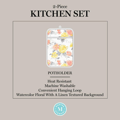 Amber Floral Oven Mitt & Pot Holder Set 2-Pack, Yellow/Coral, OM: 7"x13" & PH: 7"x10"
