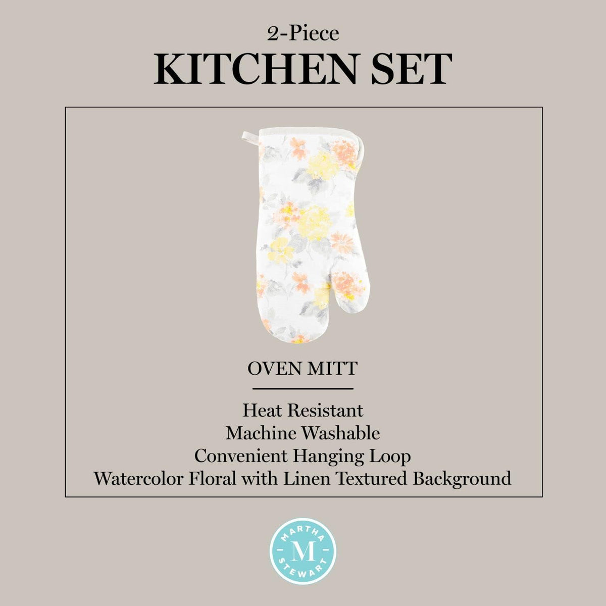 Amber Floral Oven Mitt & Pot Holder Set 2-Pack, Yellow/Coral, OM: 7"x13" & PH: 7"x10"