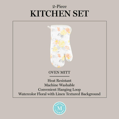 Amber Floral Oven Mitt & Pot Holder Set 2-Pack, Yellow/Coral, OM: 7"x13" & PH: 7"x10"
