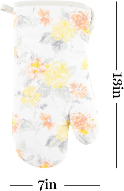 Amber Floral Oven Mitt & Pot Holder Set 2-Pack, Yellow/Coral, OM: 7"x13" & PH: 7"x10"