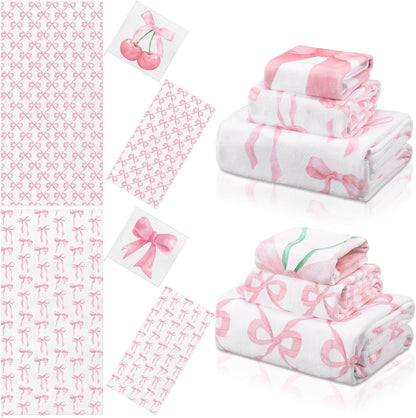 6 Pack Pink Bow Bathroom Towels Set Cute Beach Towel
