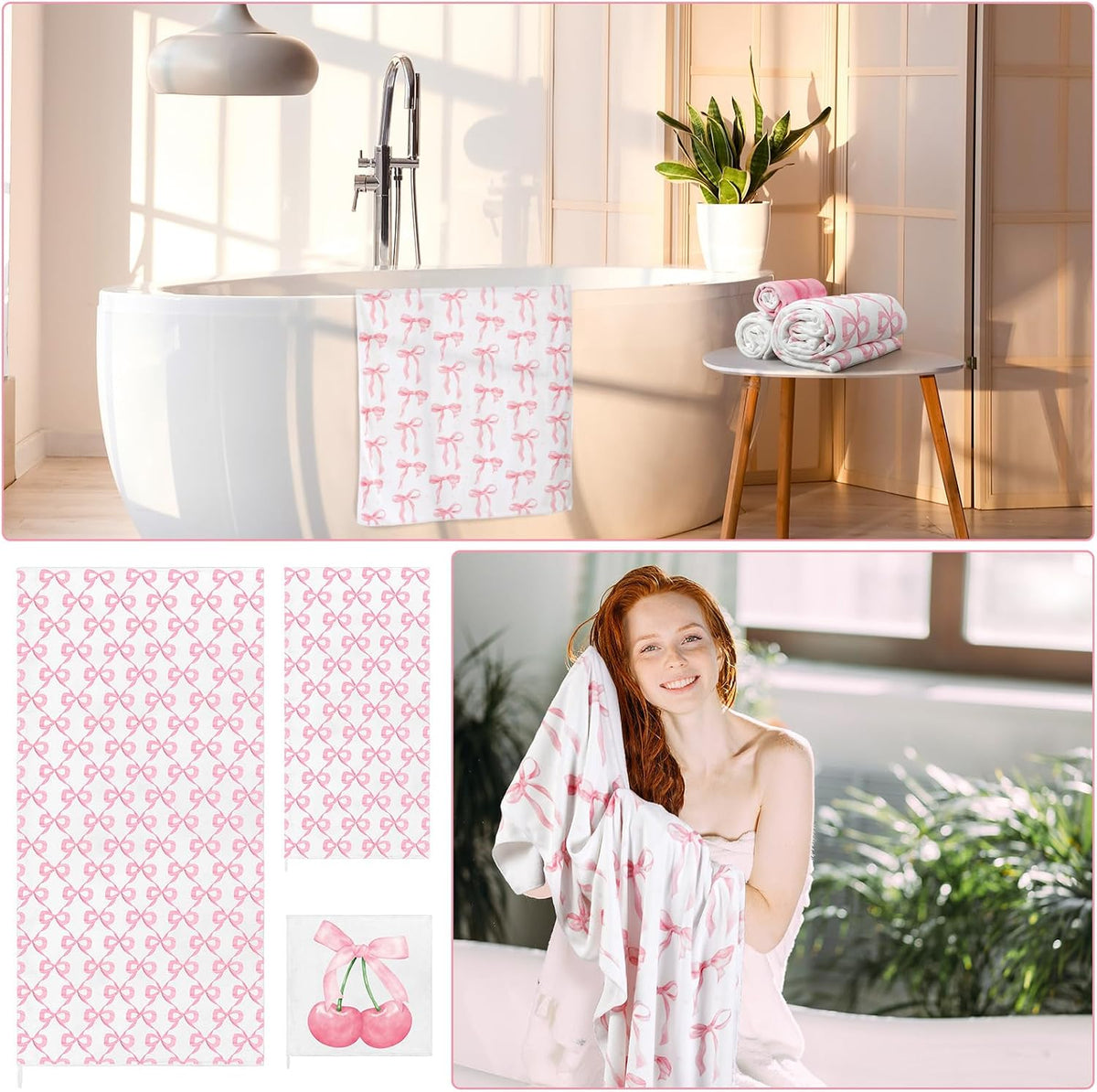 6 Pack Pink Bow Bathroom Towels Set Cute Beach Towel