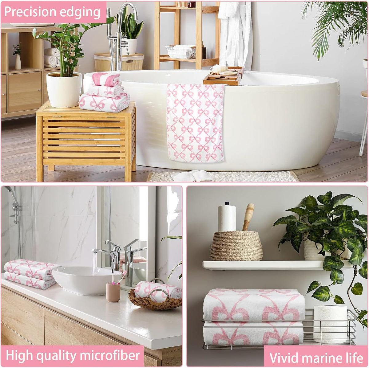 6 Pack Pink Bow Bathroom Towels Set Cute Beach Towel