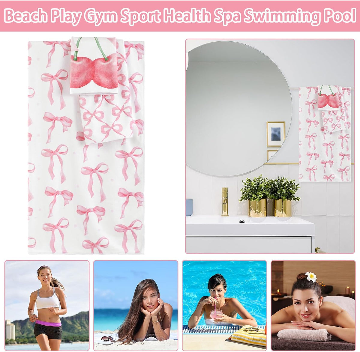 6 Pack Pink Bow Bathroom Towels Set Cute Beach Towel