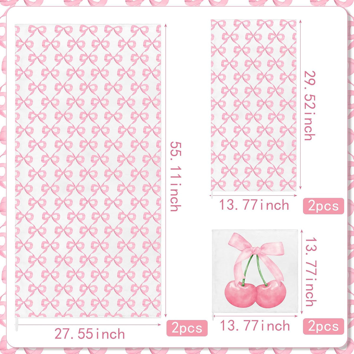 6 Pack Pink Bow Bathroom Towels Set Cute Beach Towel