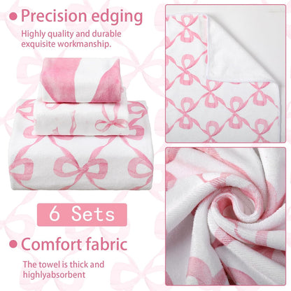 6 Pack Pink Bow Bathroom Towels Set Cute Beach Towel