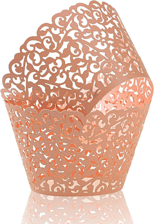 Pack of 120 Cupcake Wrappers Artistic Bake Cake Paper Cups Vine Designed Laser Cut Cupcake Wraps Baking Cup Muffin Case Trays for Wedding Baby Shower Party Birthday Decoration (120, Pink)