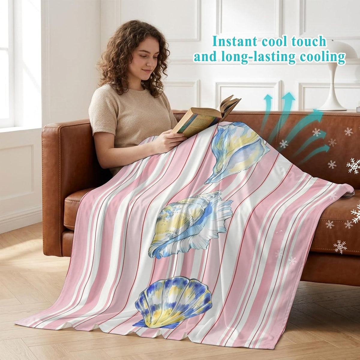 Cooling Blanket 30"x40", Watercolor Marine Conch Pink Stripe Summer Cooling Blanket Breathable Lightweight Ice Blankets Summer Ocean Theme Blankets for Night Sweats