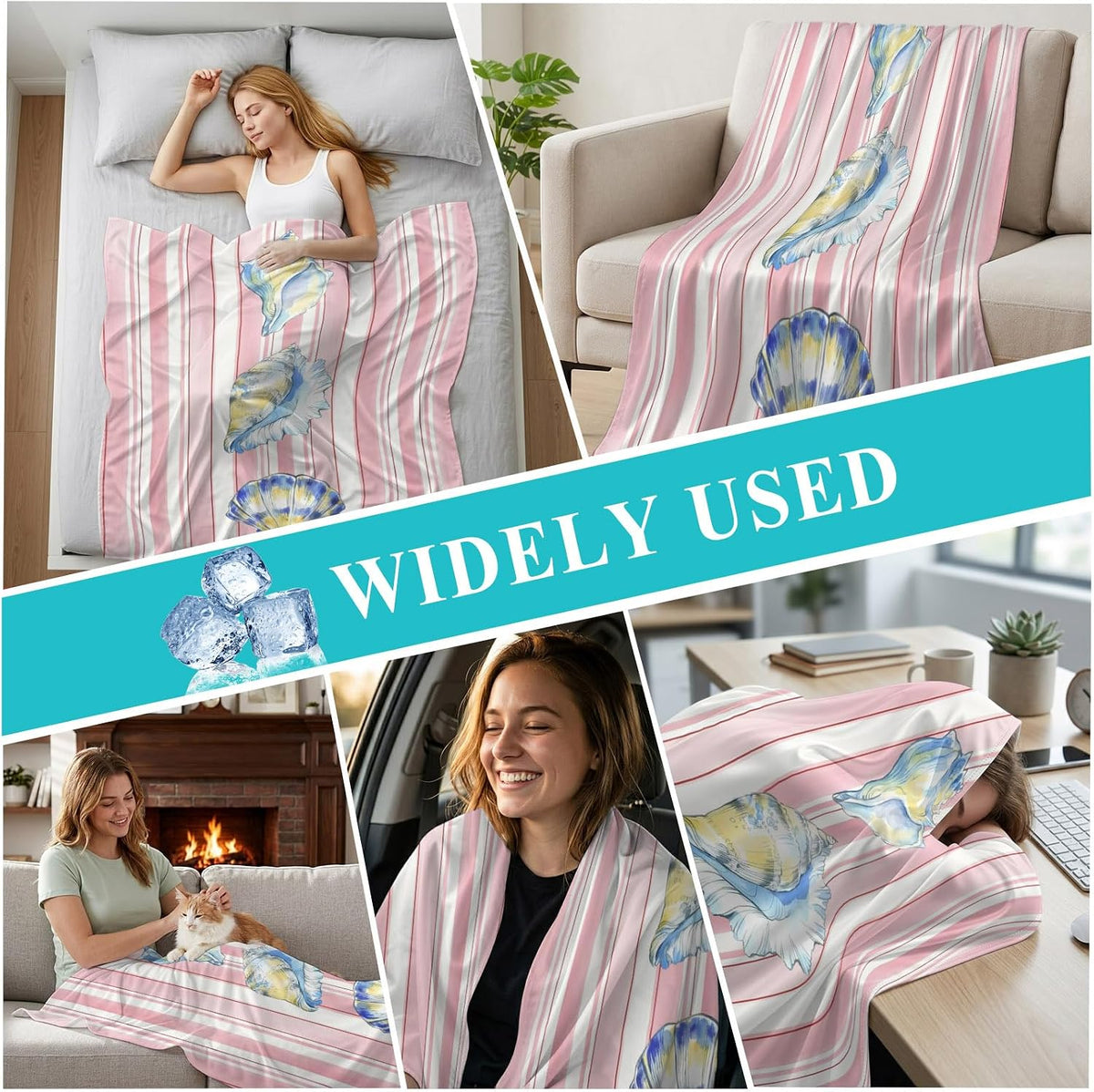 Cooling Blanket 30"x40", Watercolor Marine Conch Pink Stripe Summer Cooling Blanket Breathable Lightweight Ice Blankets Summer Ocean Theme Blankets for Night Sweats