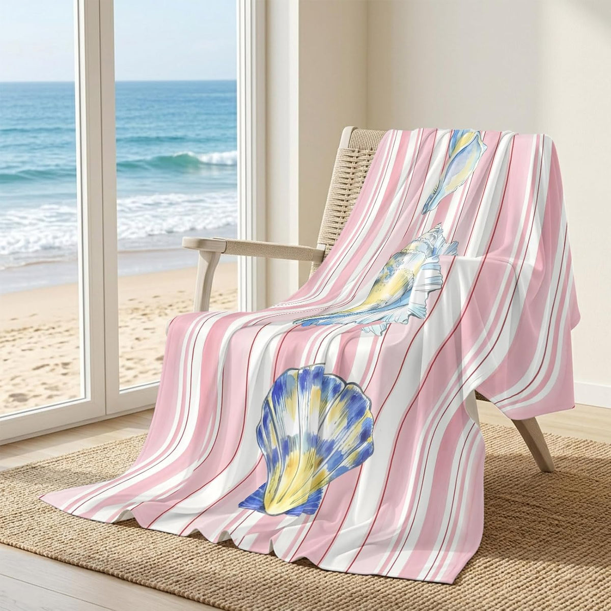 Cooling Blanket 30"x40", Watercolor Marine Conch Pink Stripe Summer Cooling Blanket Breathable Lightweight Ice Blankets Summer Ocean Theme Blankets for Night Sweats