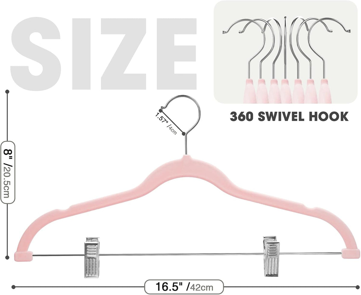 24-Pack Blush Pink Velvet Hangers with Clips Adjustable,Adult Hangers,Heavy-Duty,Felt,Non-Slip,Space Saving,Slim Outfit Hanger for Pants, Skirts, Suits,Coats, Dresses ect.