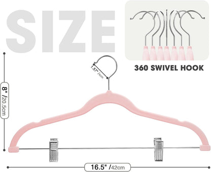 24-Pack Blush Pink Velvet Hangers with Clips Adjustable,Adult Hangers,Heavy-Duty,Felt,Non-Slip,Space Saving,Slim Outfit Hanger for Pants, Skirts, Suits,Coats, Dresses ect.