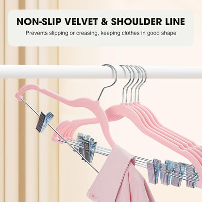 24-Pack Blush Pink Velvet Hangers with Clips Adjustable,Adult Hangers,Heavy-Duty,Felt,Non-Slip,Space Saving,Slim Outfit Hanger for Pants, Skirts, Suits,Coats, Dresses ect.