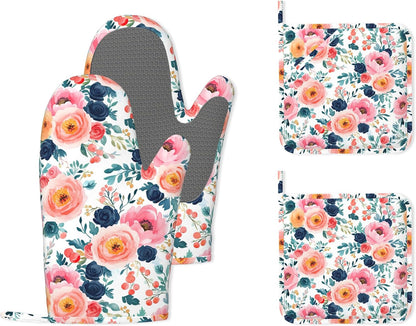Pink Flowers Heat-Resistant Silicone Oven Mitts and Pot Holders,Long Oven Gloves with Non-Slip Grip for Cooking, Baking, Grilling,BBQ